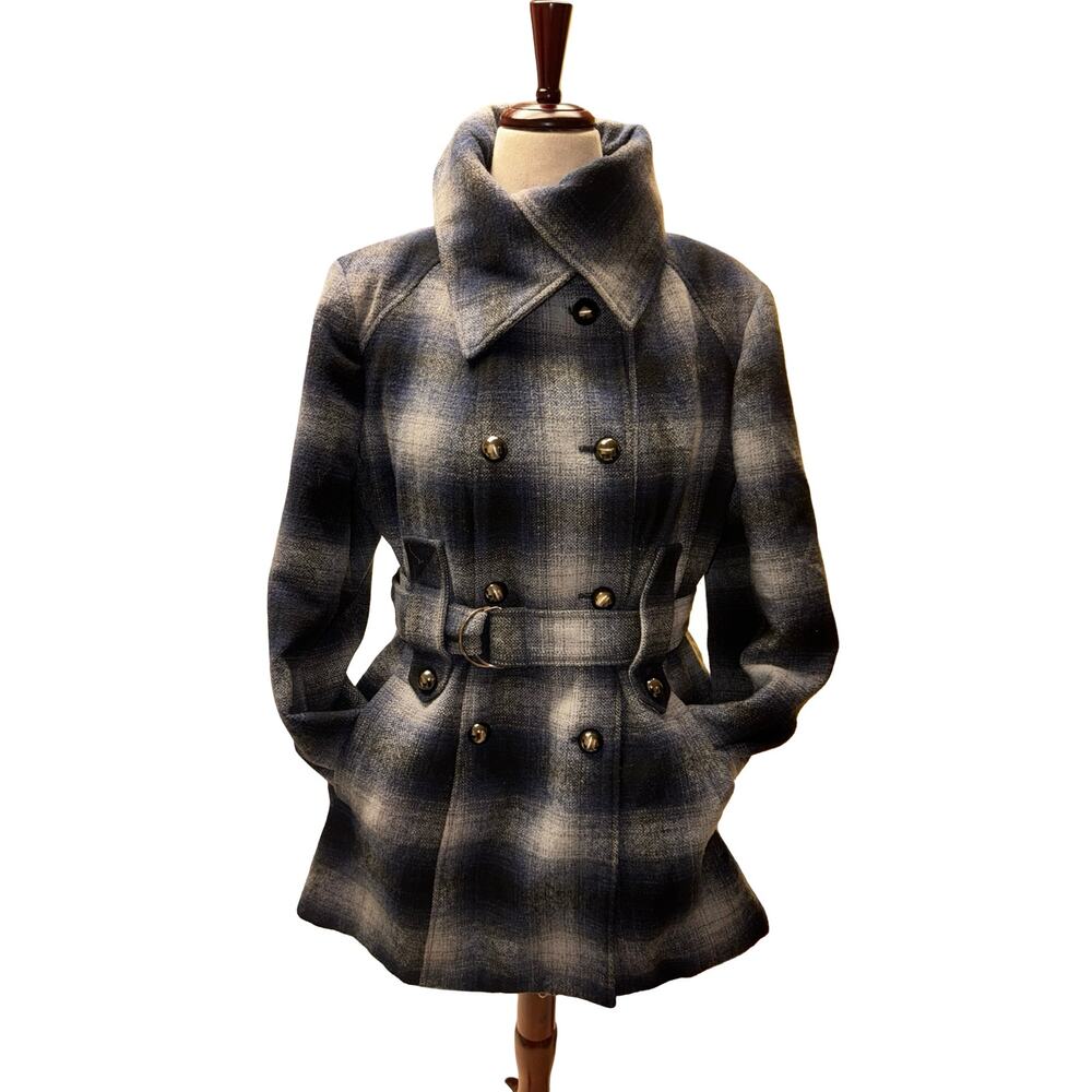 Vintage Miss Sixty Blue Plaid Wool Blend Belted Coat Women’s XL 90s Y2K